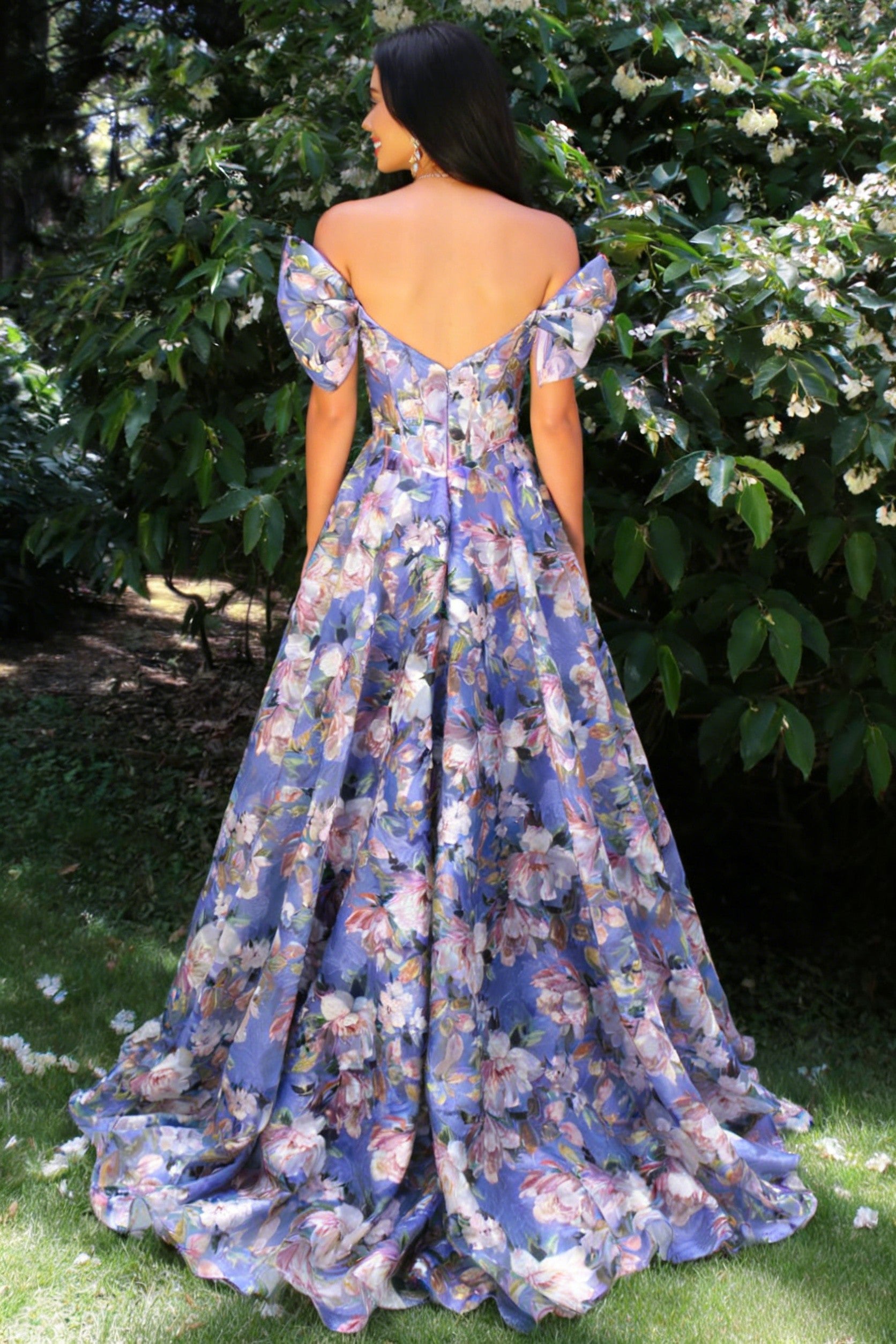 Floral Off-Shoulder Corset Prom Dress with Puff Sleeves and Full A-Line Skirt