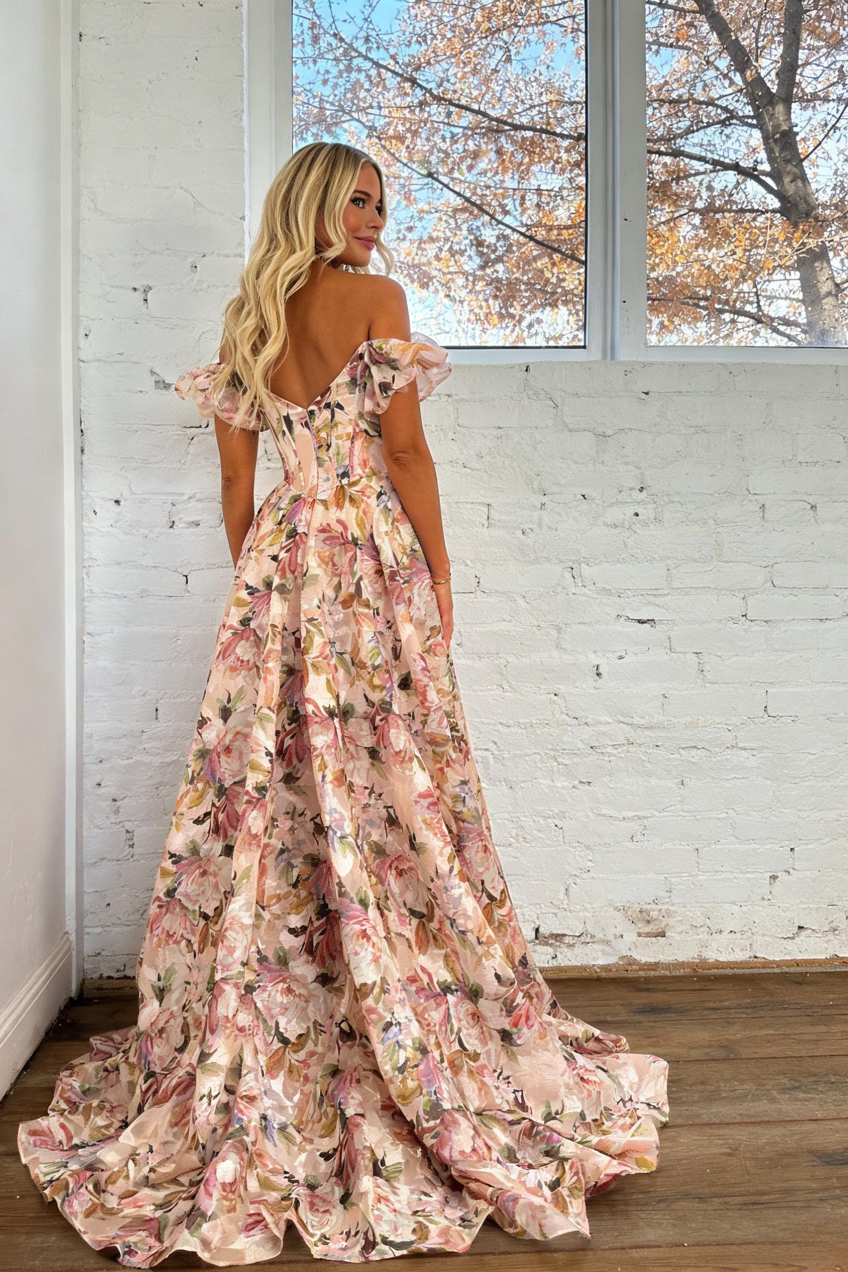 Floral Off-Shoulder Corset Prom Dress with Puff Sleeves and Full A-Line Skirt