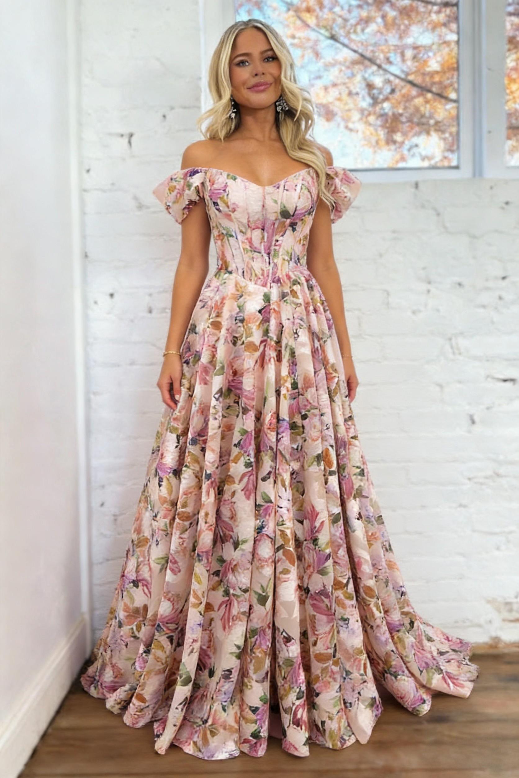 Floral Off-Shoulder Corset Prom Dress with Puff Sleeves and Full A-Line Skirt