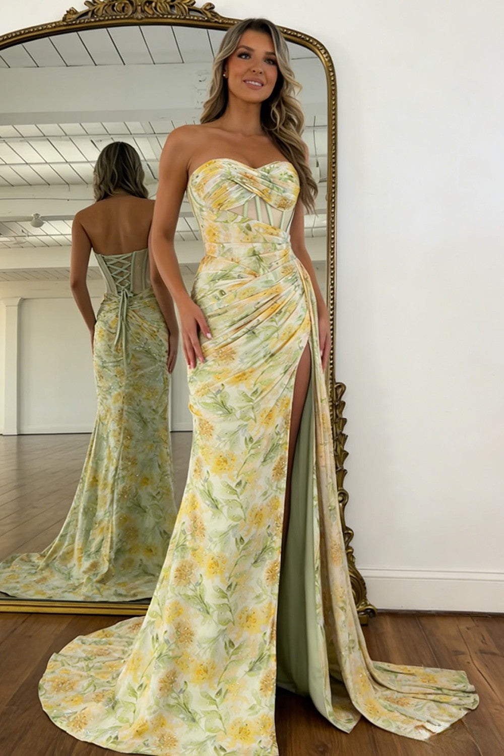 Floral Print Glitter Sweetheart Lace Up Prom Dress with Corset Bodice and High Slit