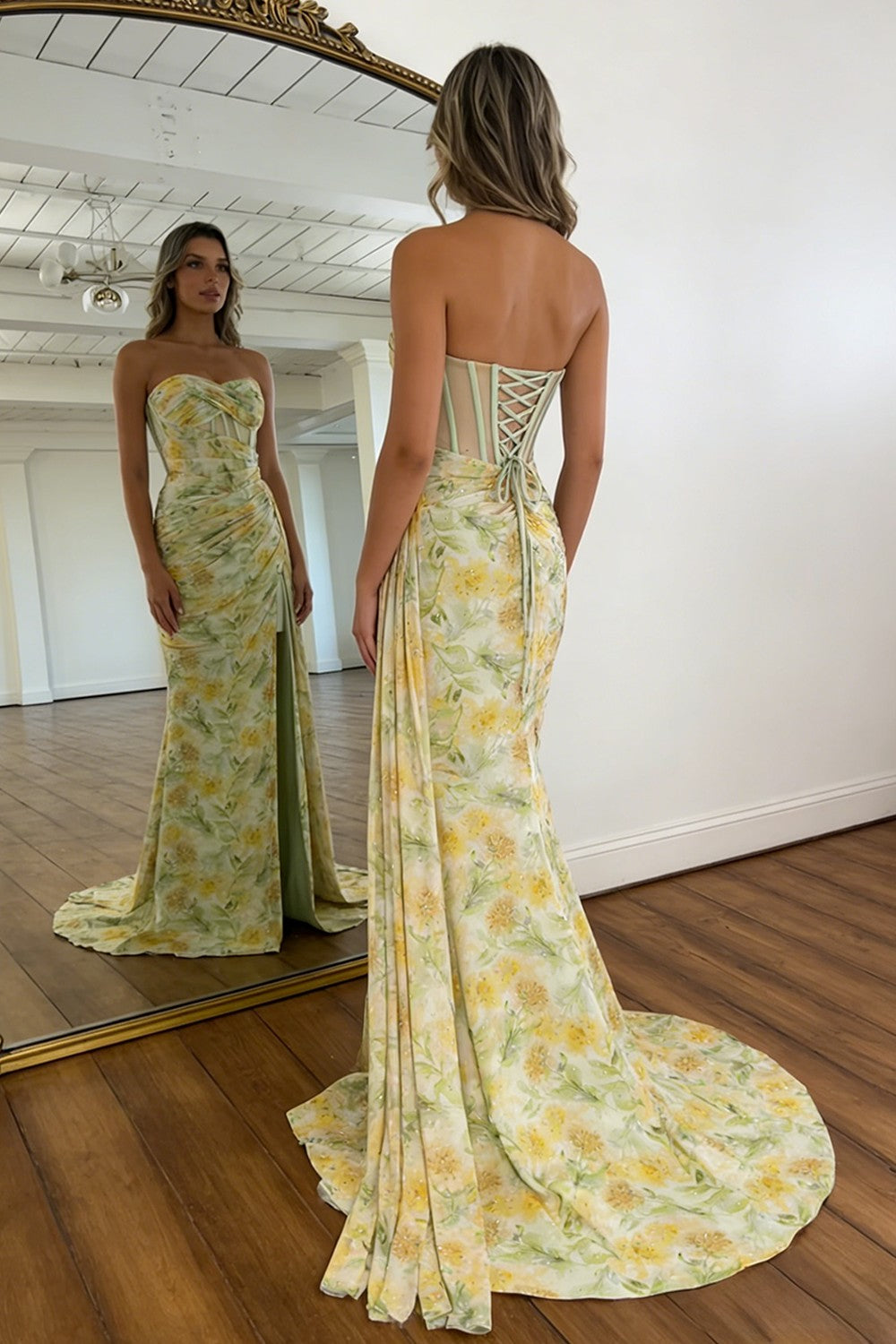 Floral Print Glitter Sweetheart Lace Up Prom Dress with Corset Bodice and High Slit