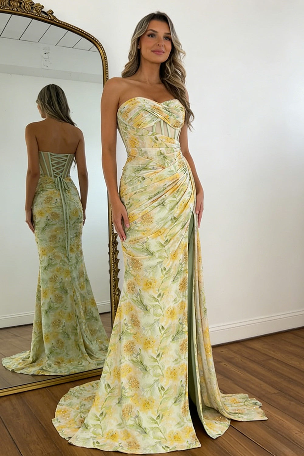 Floral Print Glitter Sweetheart Lace Up Prom Dress with Corset Bodice and High Slit
