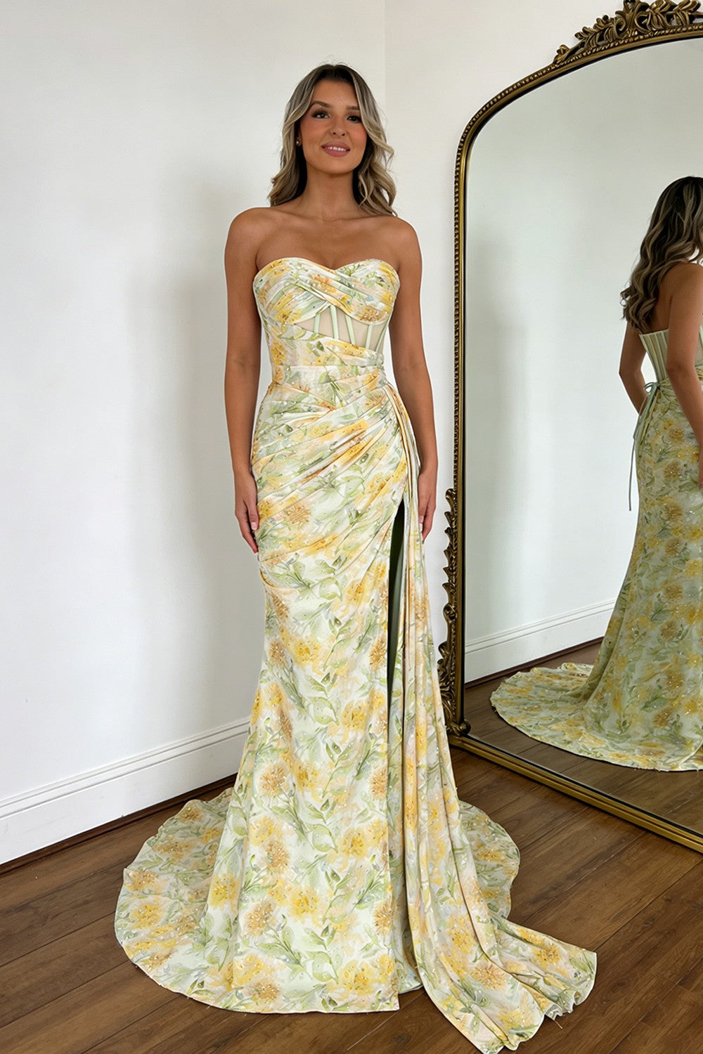 Floral Print Glitter Sweetheart Lace Up Prom Dress with Corset Bodice and High Slit