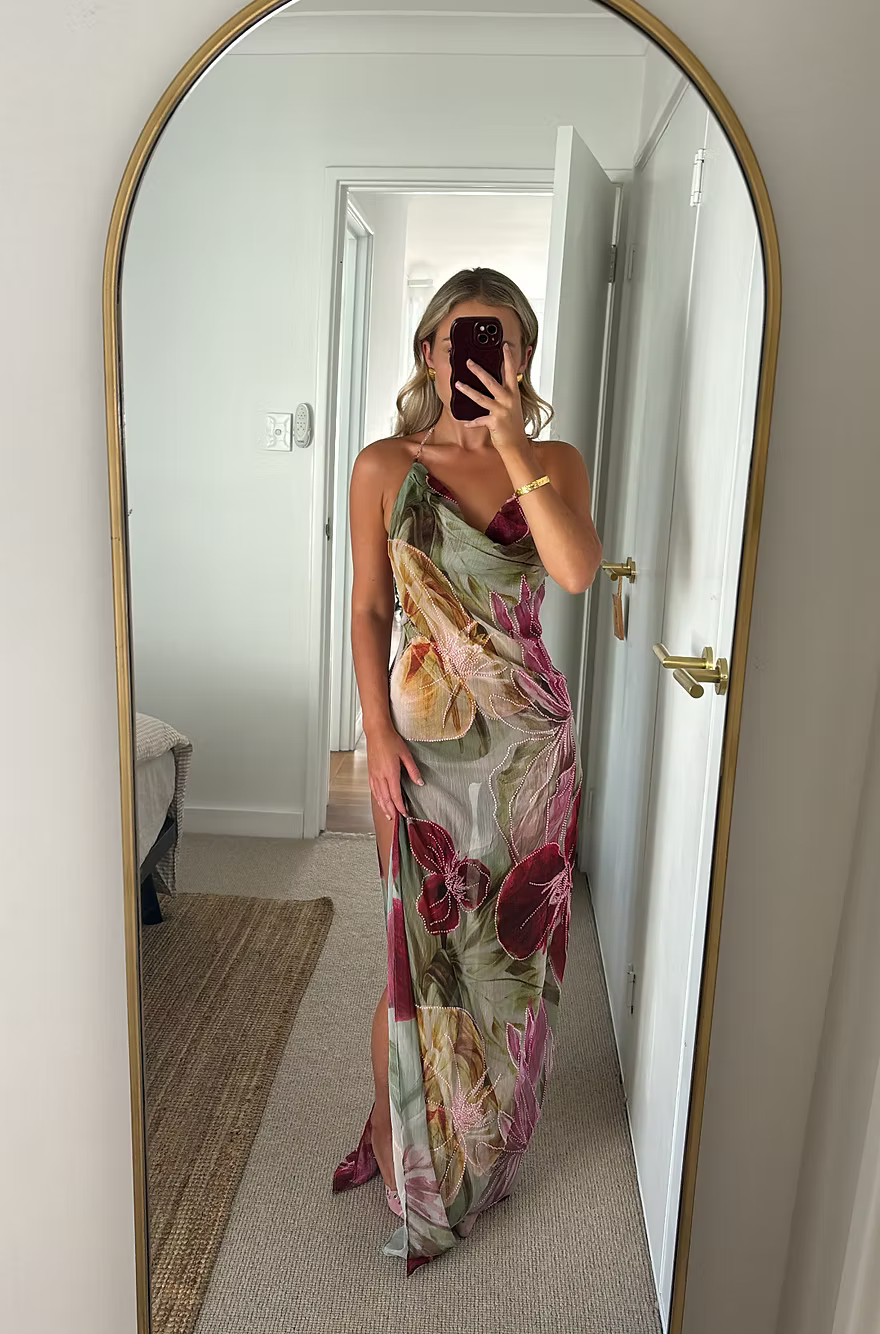 Floral Print Halter Neck Open Back Prom Dress with Draped Neckline