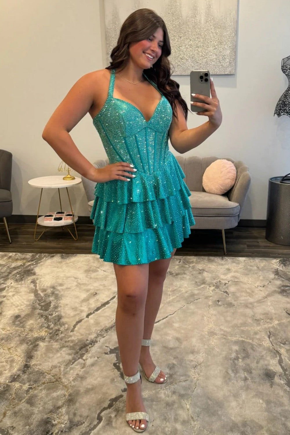 Glam A-Line Halter Corset Homecoming Dress with Layered Ruffle Skirt