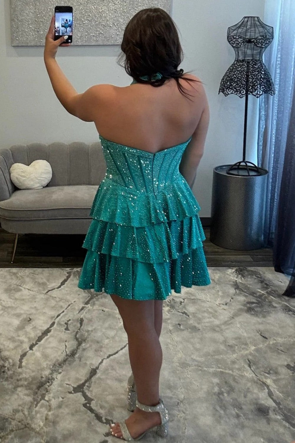 Glam A-Line Halter Corset Homecoming Dress with Layered Ruffle Skirt