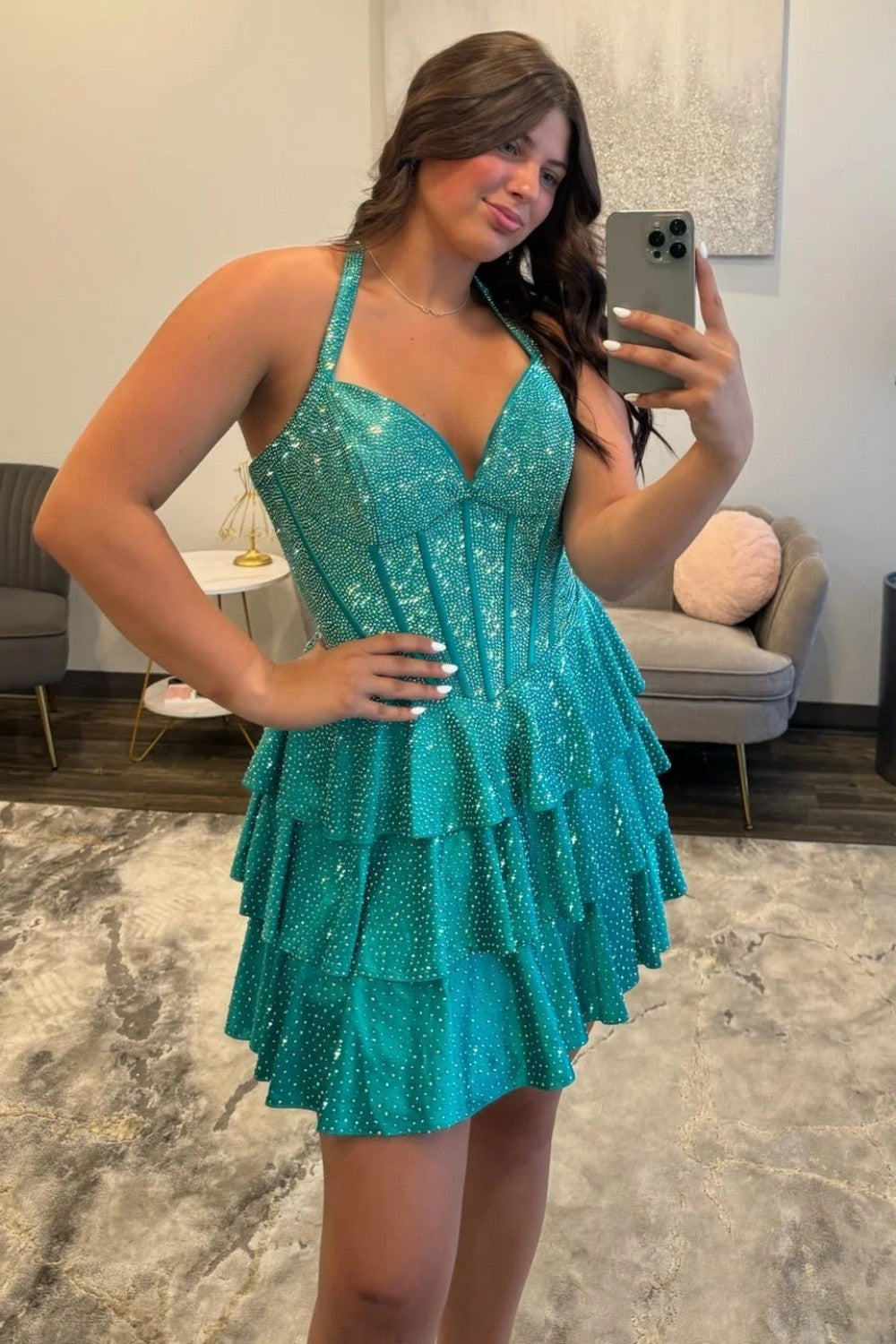 Glam A-Line Halter Corset Homecoming Dress with Layered Ruffle Skirt