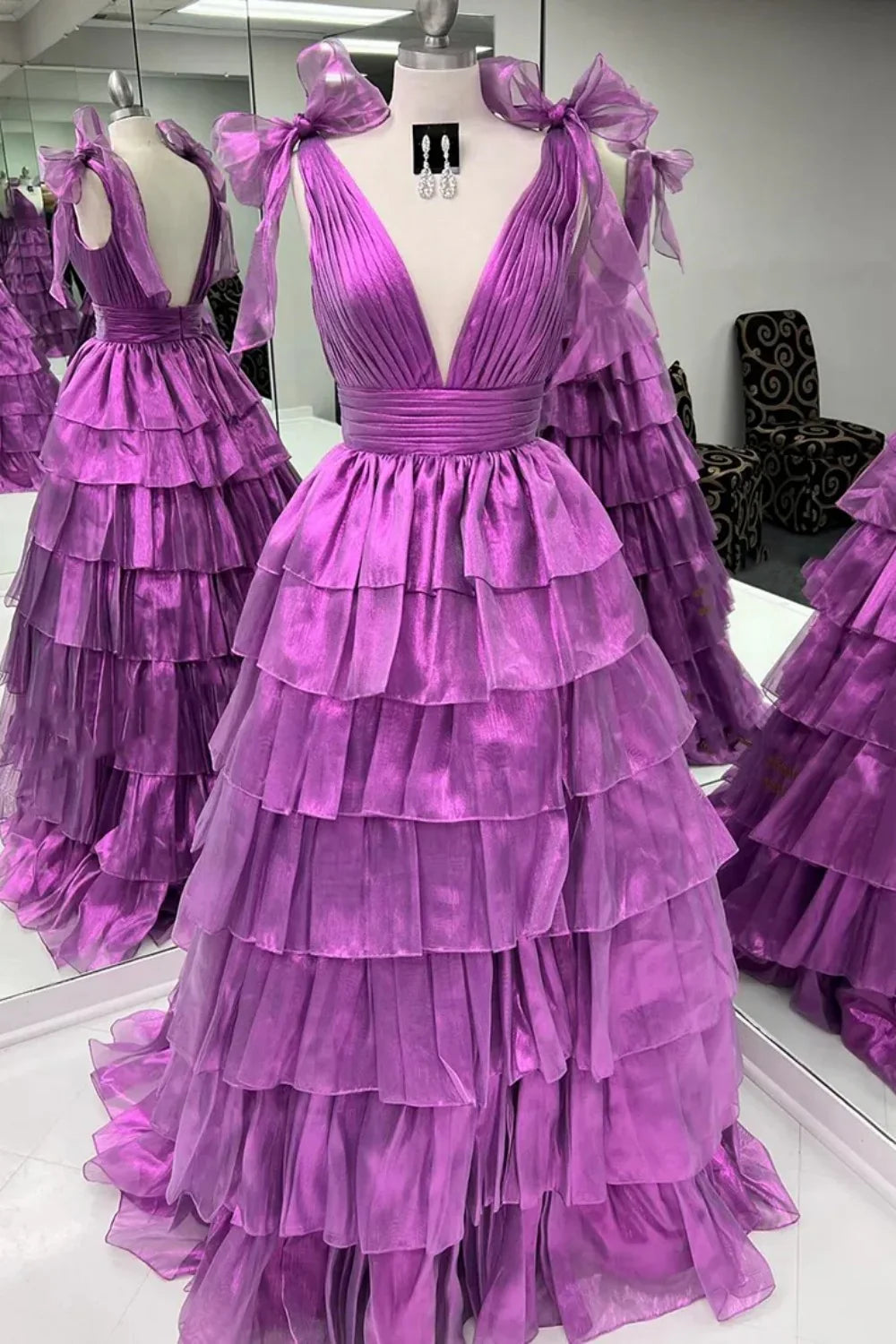 Glam Pink A-Line tiered ruffle V-neck prom gown with high slit