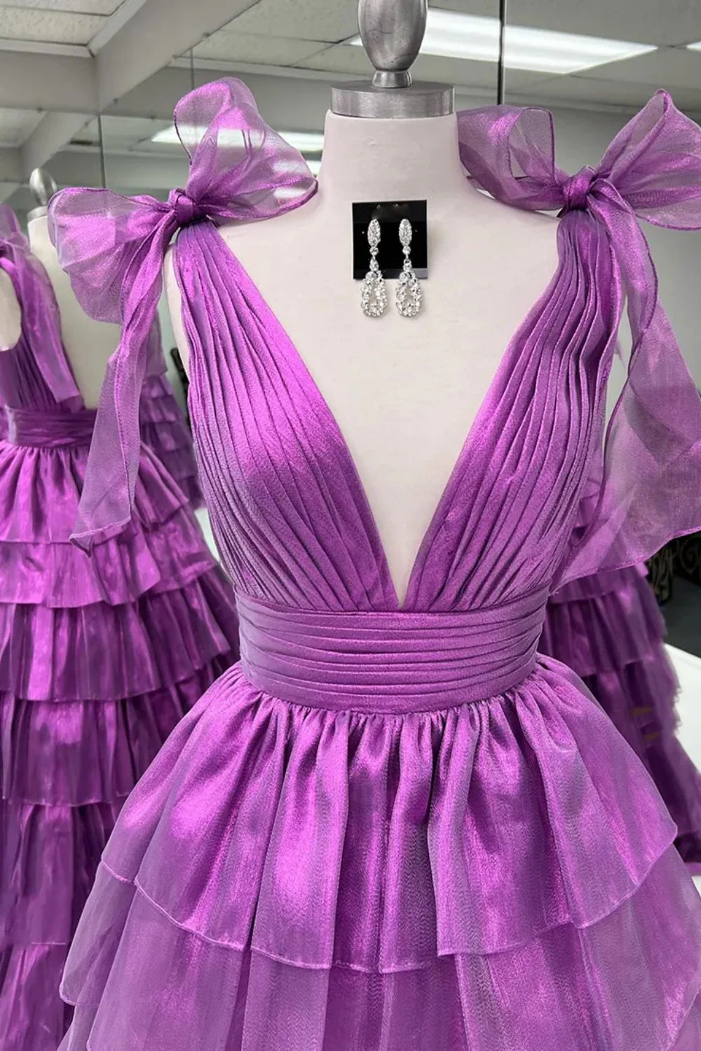 Glam Pink A-Line tiered ruffle V-neck prom gown with high slit
