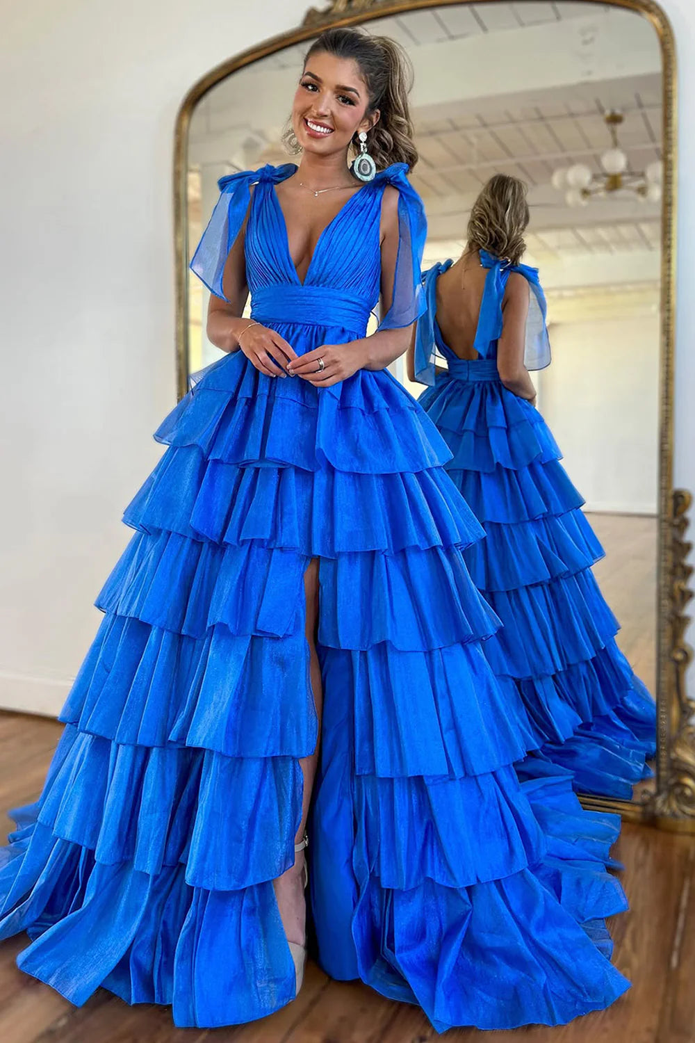 Glam Pink A-Line tiered ruffle V-neck prom gown with high slit