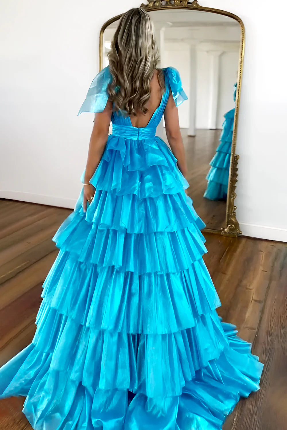 Glam Pink A-Line tiered ruffle V-neck prom gown with high slit