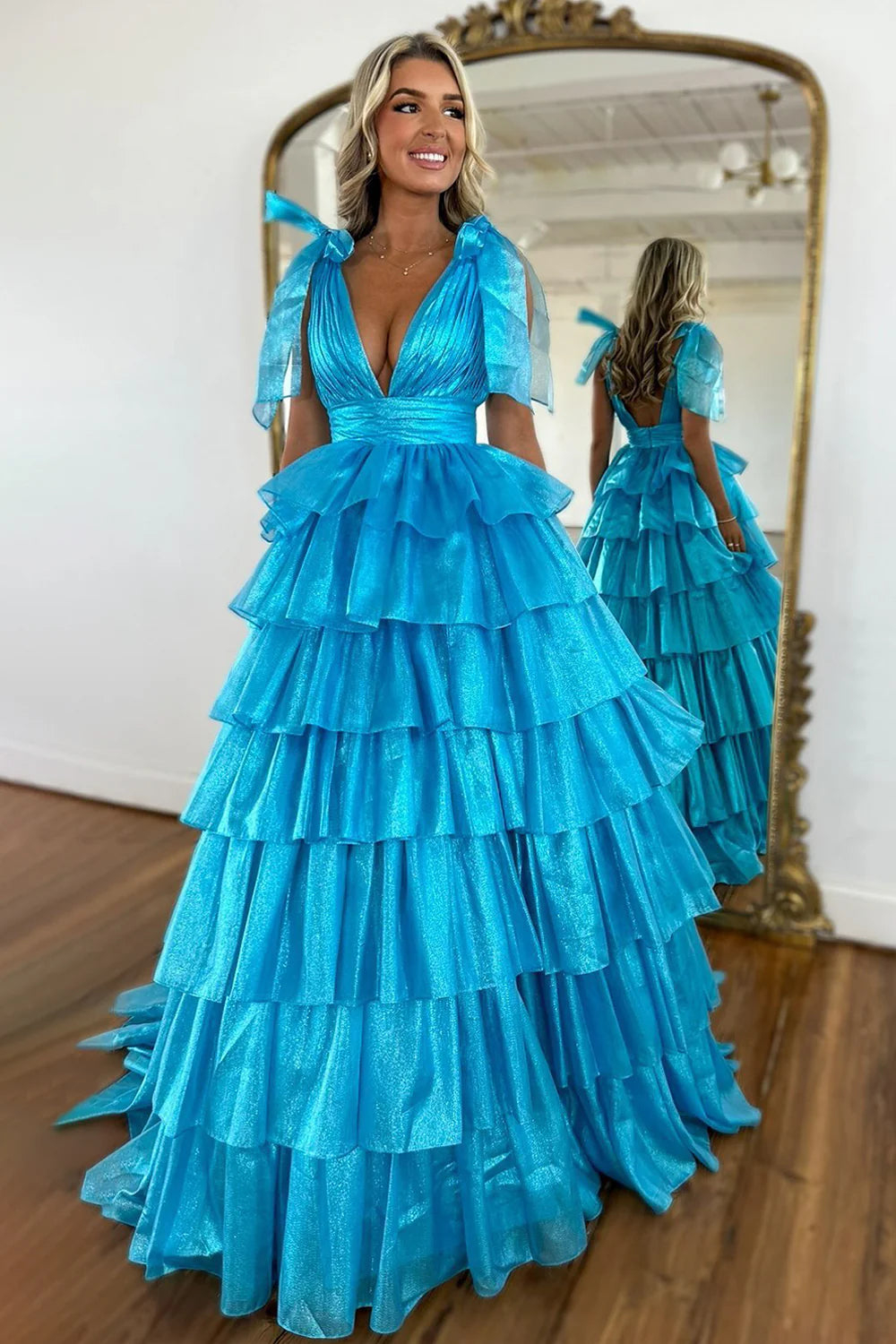 Glam Pink A-Line tiered ruffle V-neck prom gown with high slit