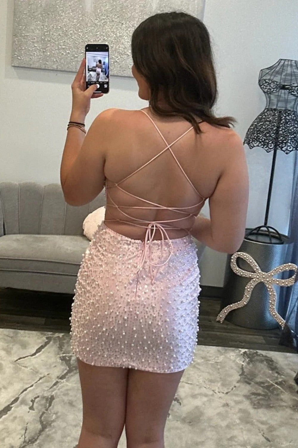 Glam Spaghetti Straps Lace Up Pearl Embellished Bodycon Homecoming Dress
