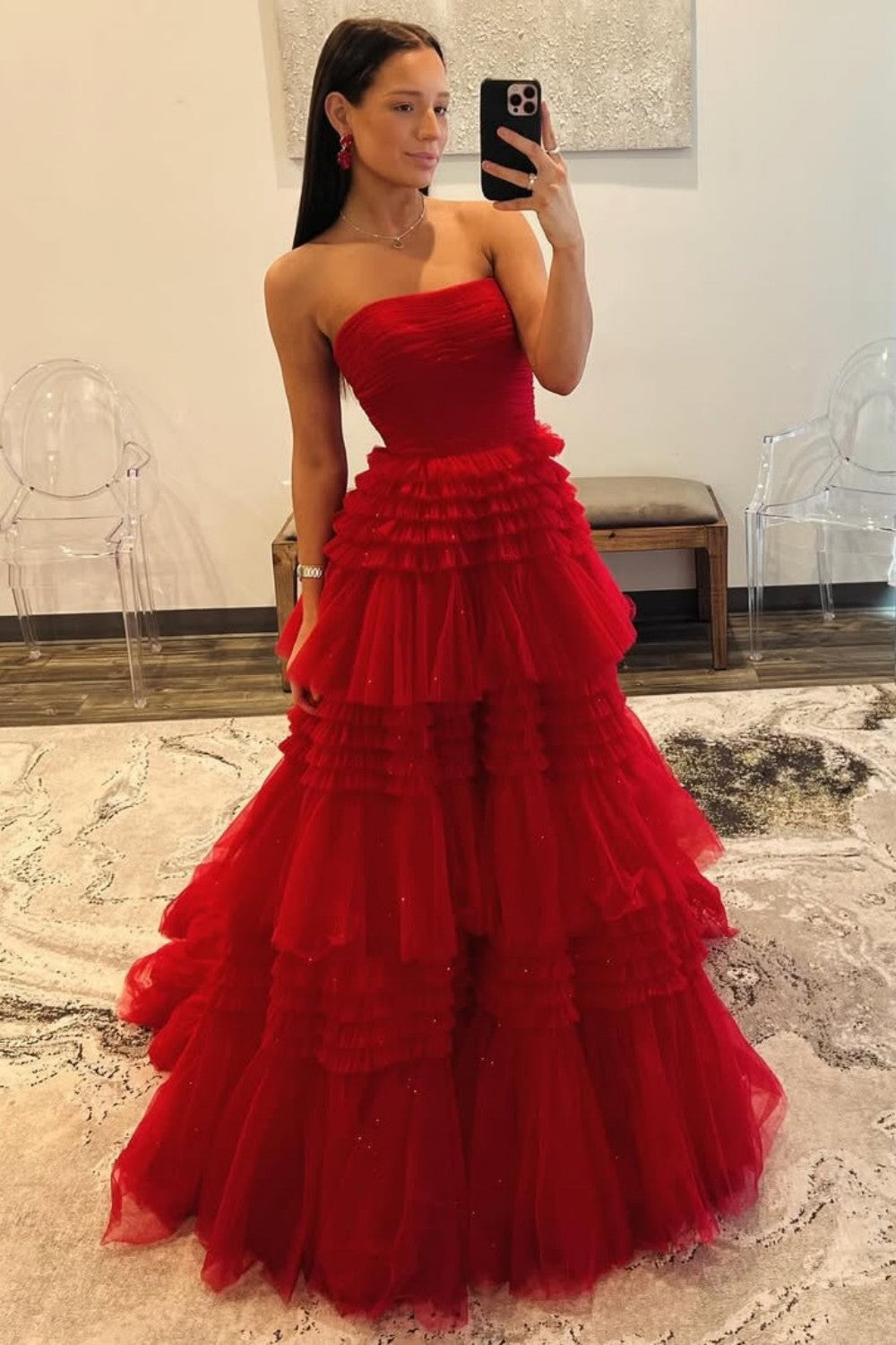 Glam Strapless A-Ling Long Tulle Prom Gown with Cascading Ruffles
