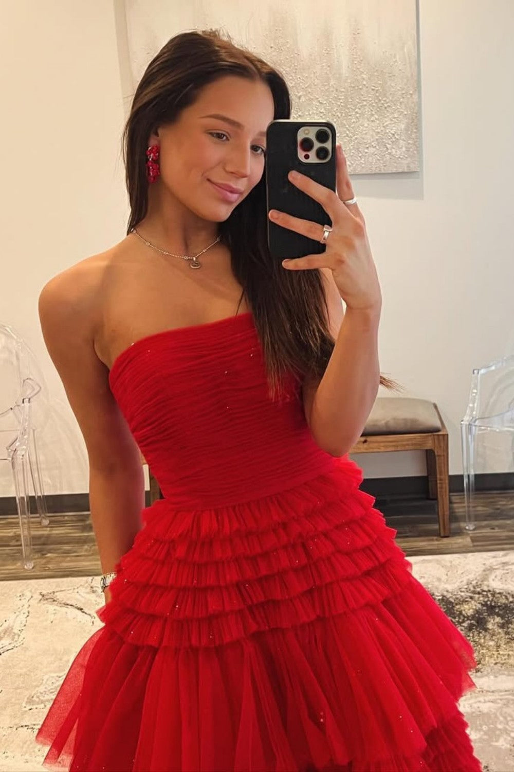 Glam Strapless A-Ling Long Tulle Prom Gown with Cascading Ruffles