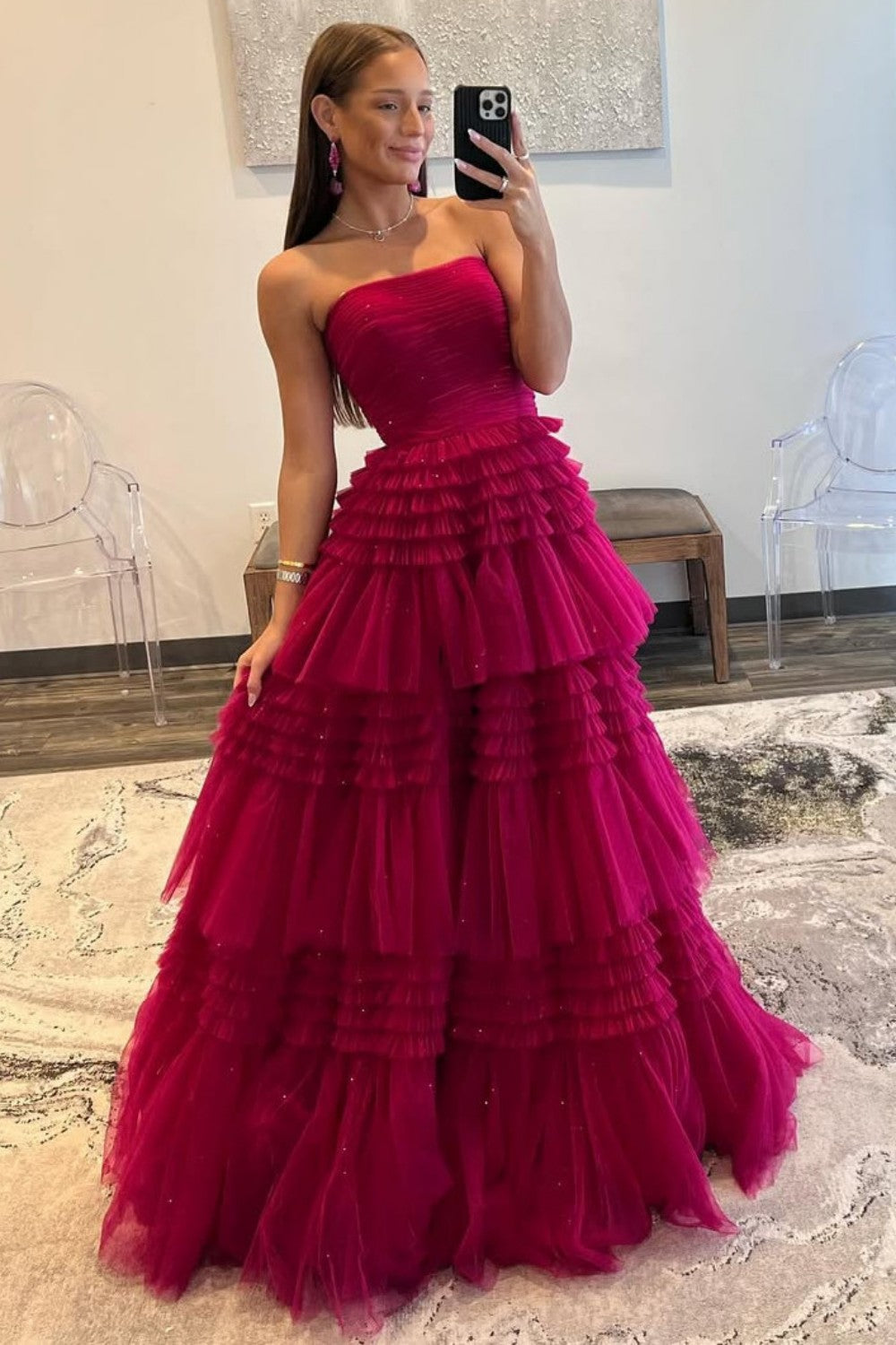 Glam Strapless A-Ling Long Tulle Prom Gown with Cascading Ruffles