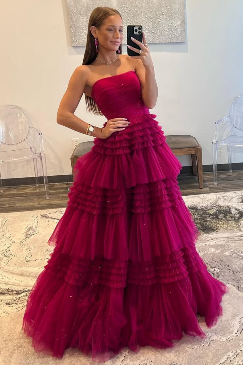 Glam Strapless A-Ling Long Tulle Prom Gown with Cascading Ruffles