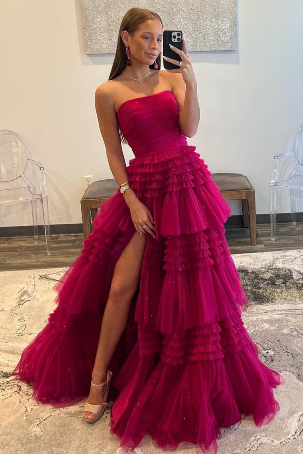 Glam Strapless A-Ling Long Tulle Prom Gown with Cascading Ruffles