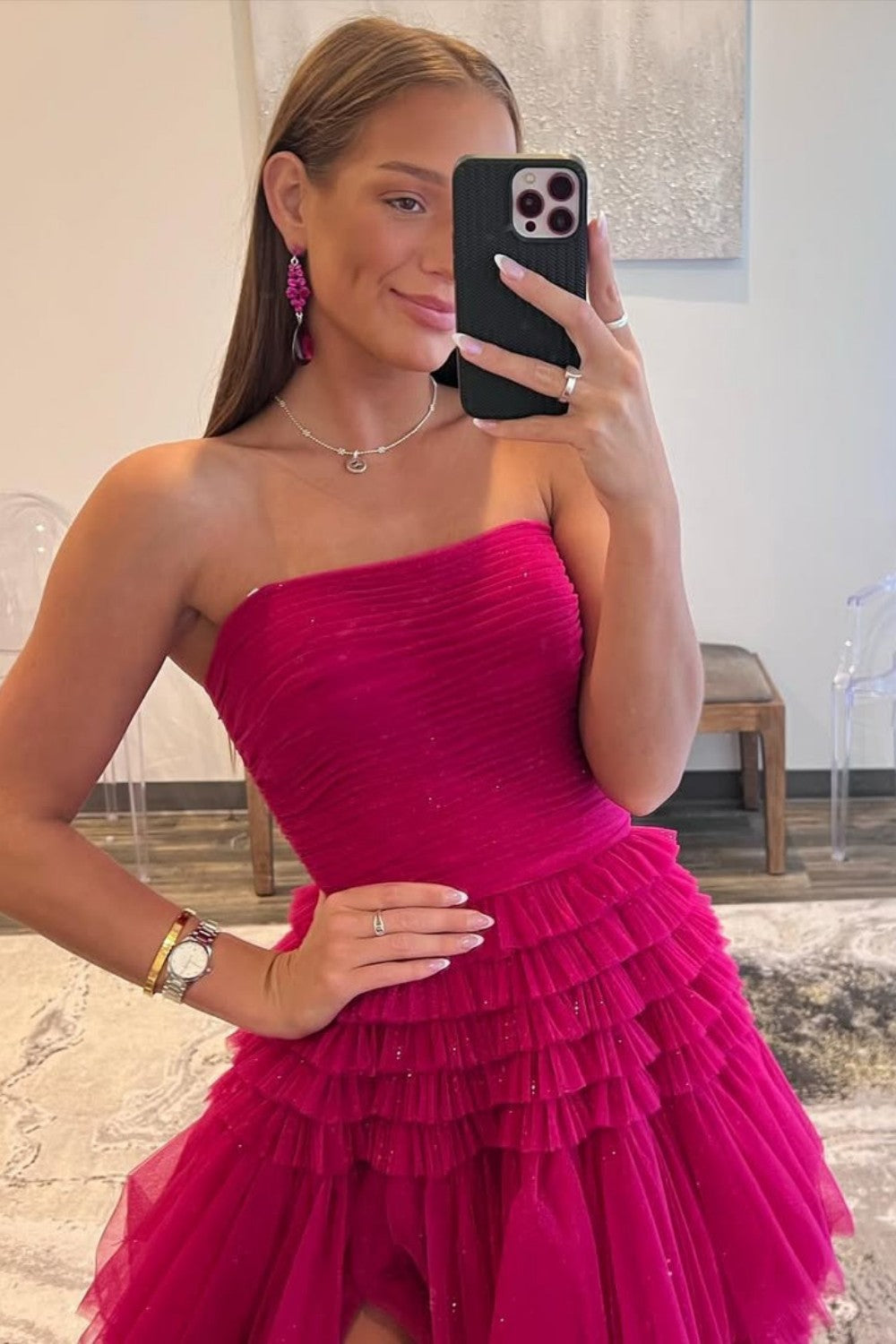 Glam Strapless A-Ling Long Tulle Prom Gown with Cascading Ruffles