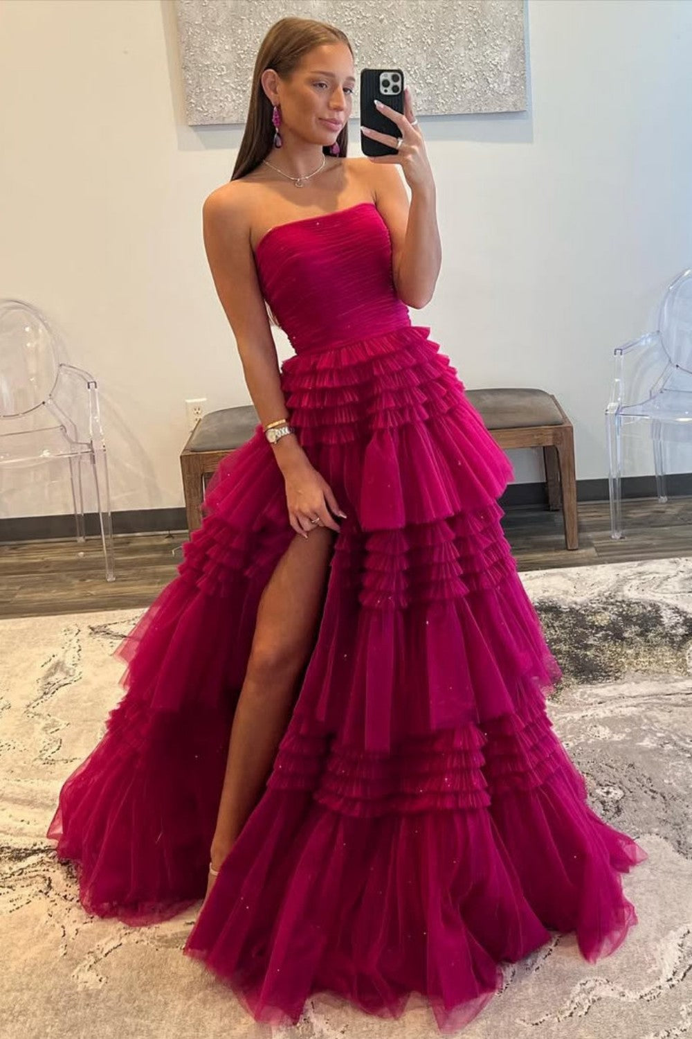 Glam Strapless A-Ling Long Tulle Prom Gown with Cascading Ruffles