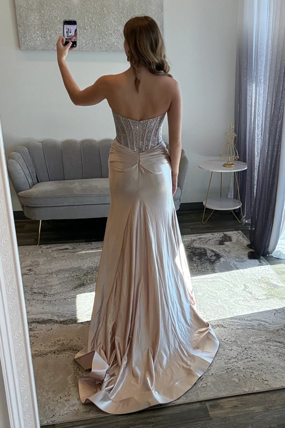 Glamorous Champagne Sweetheart Beaded Top Satin Prom Dress With High Slit
