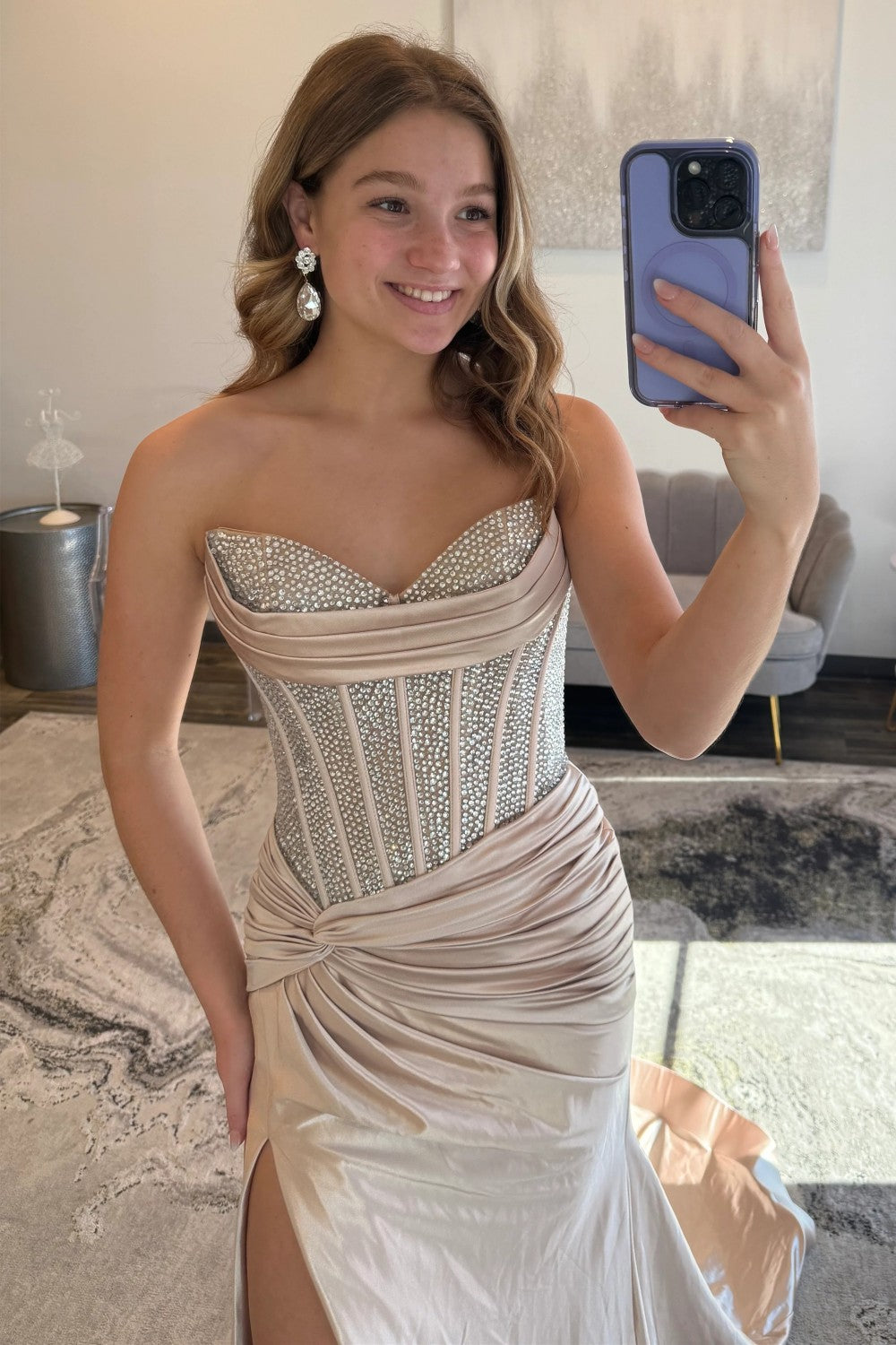 Glamorous Champagne Sweetheart Beaded Top Satin Prom Dress With High Slit