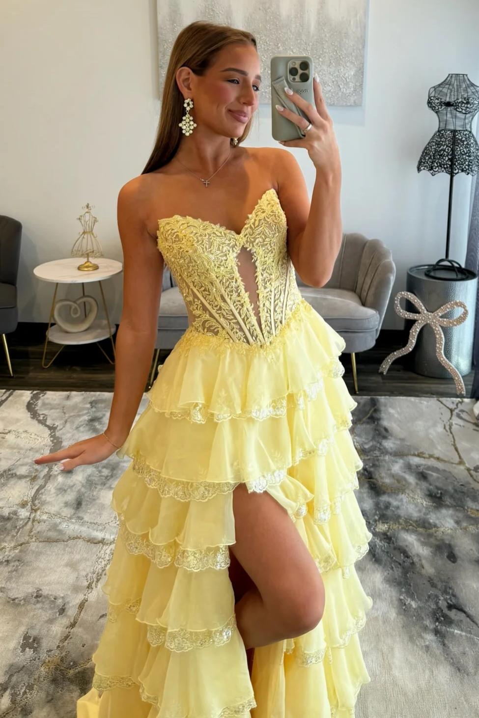 Glamorous Light Blue Strapless Lace Corset Tiered Tulle Prom Dress with Slit