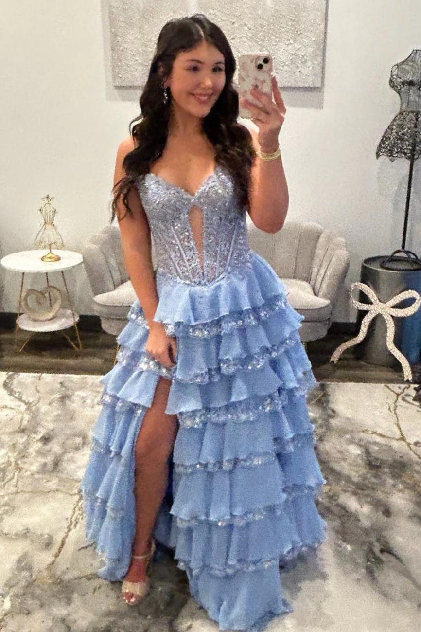 Glamorous Light Blue Strapless Lace Corset Tiered Tulle Prom Dress with Slit