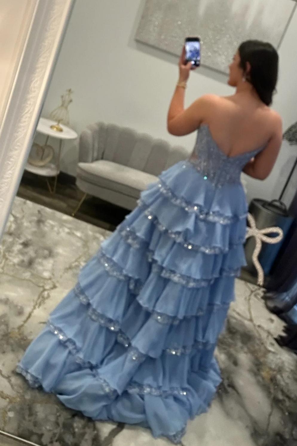 Glamorous Light Blue Strapless Lace Corset Tiered Tulle Prom Dress with Slit