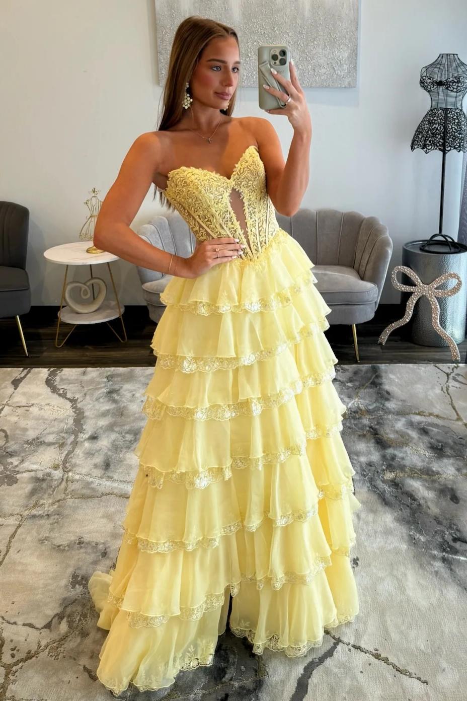 Glamorous Light Blue Strapless Lace Corset Tiered Tulle Prom Dress with Slit