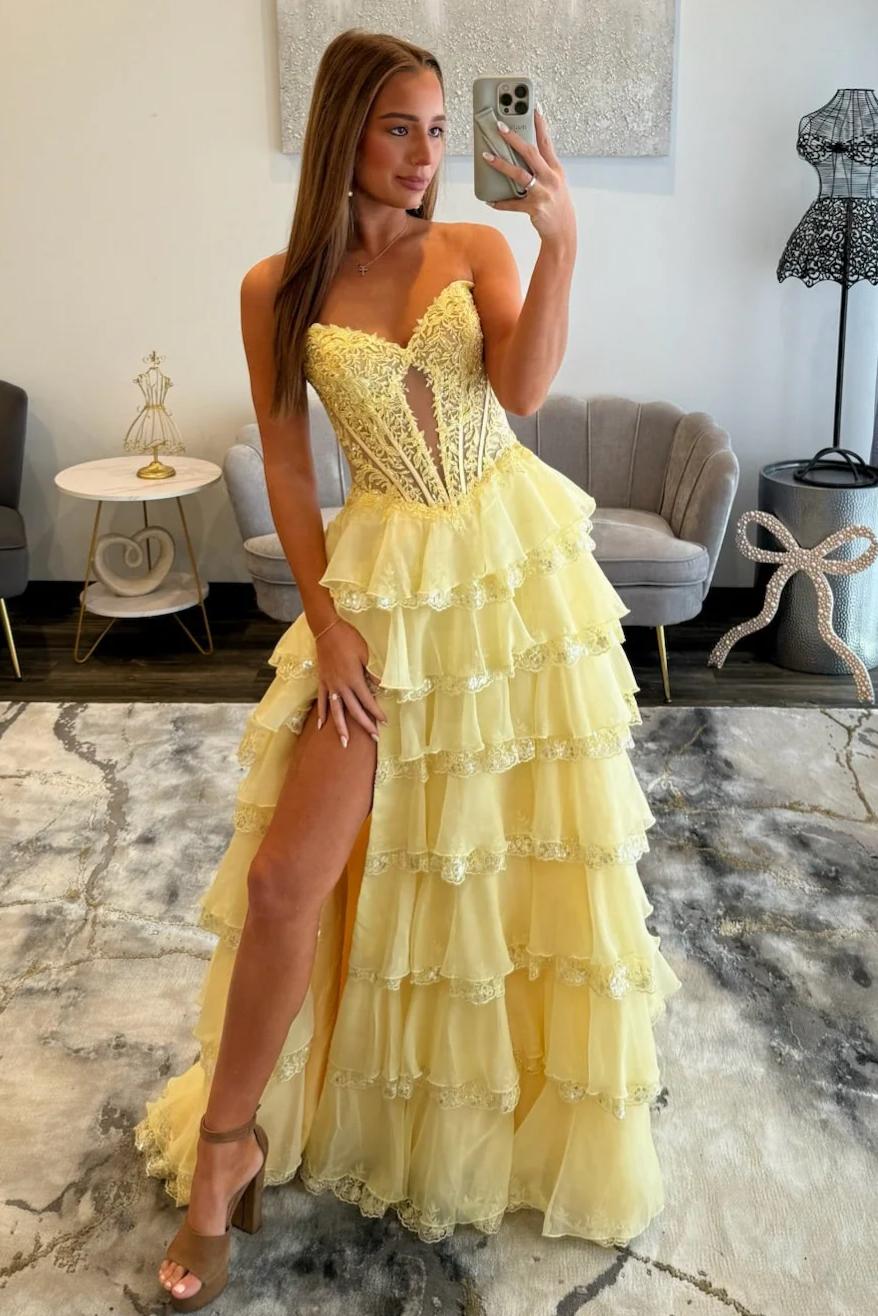 Glamorous Light Blue Strapless Lace Corset Tiered Tulle Prom Dress with Slit