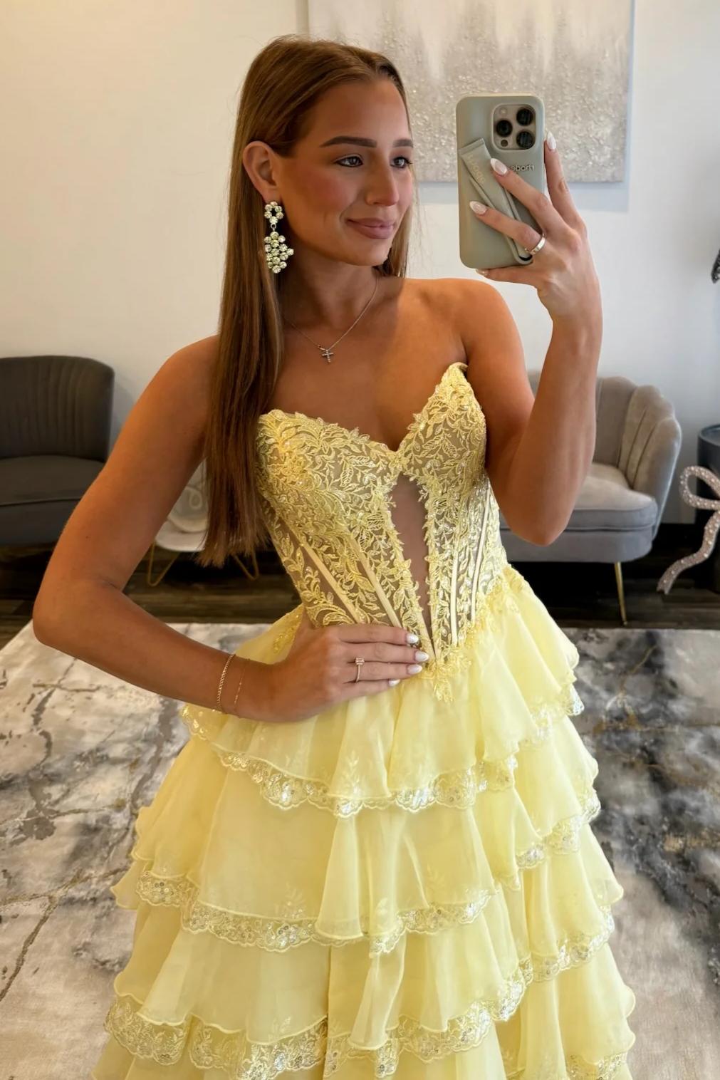 Glamorous Light Blue Strapless Lace Corset Tiered Tulle Prom Dress with Slit