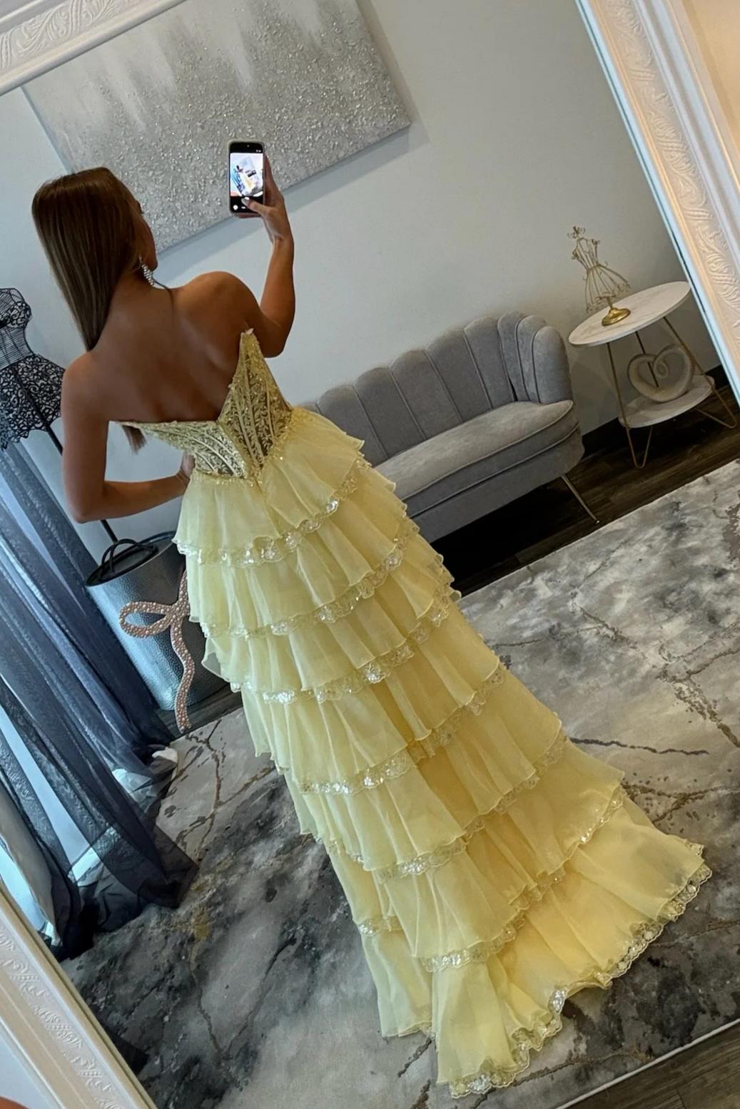 Glamorous Light Blue Strapless Lace Corset Tiered Tulle Prom Dress with Slit