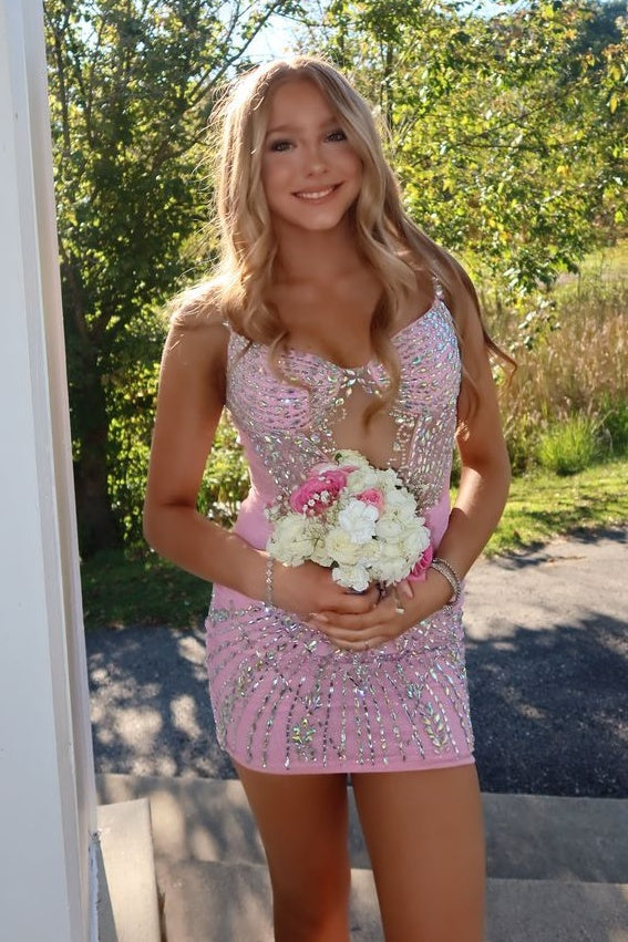 Glamorous Sheath Spaghetti Straps Pink Short Homecoming Dress with Beading