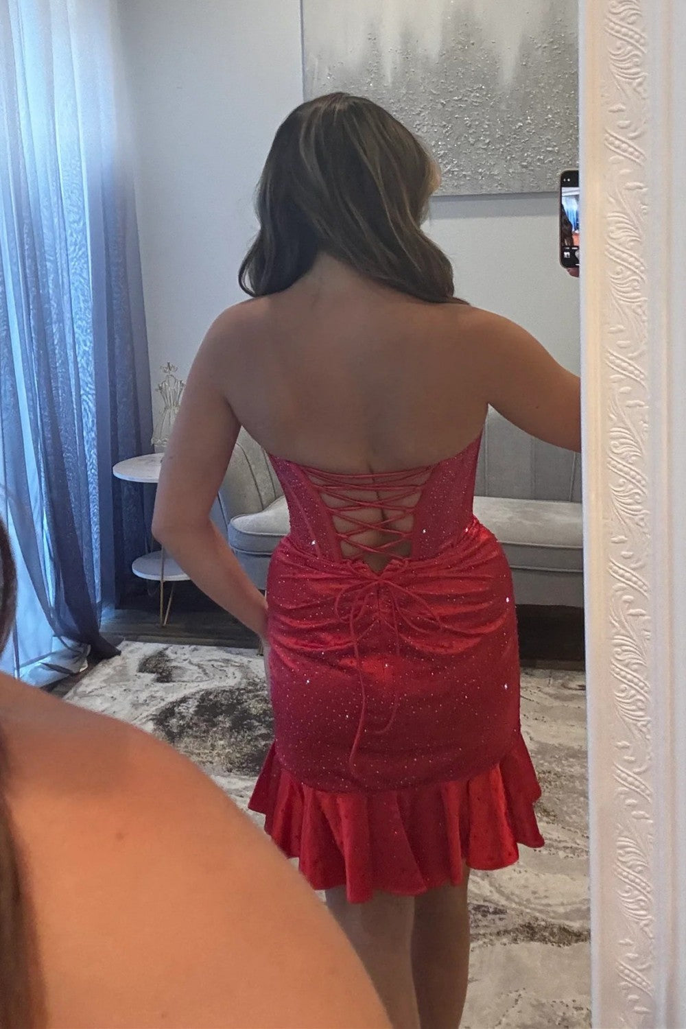 Glitter Strapless Satin Homecoming Dress with Beading and Ruffled Hem