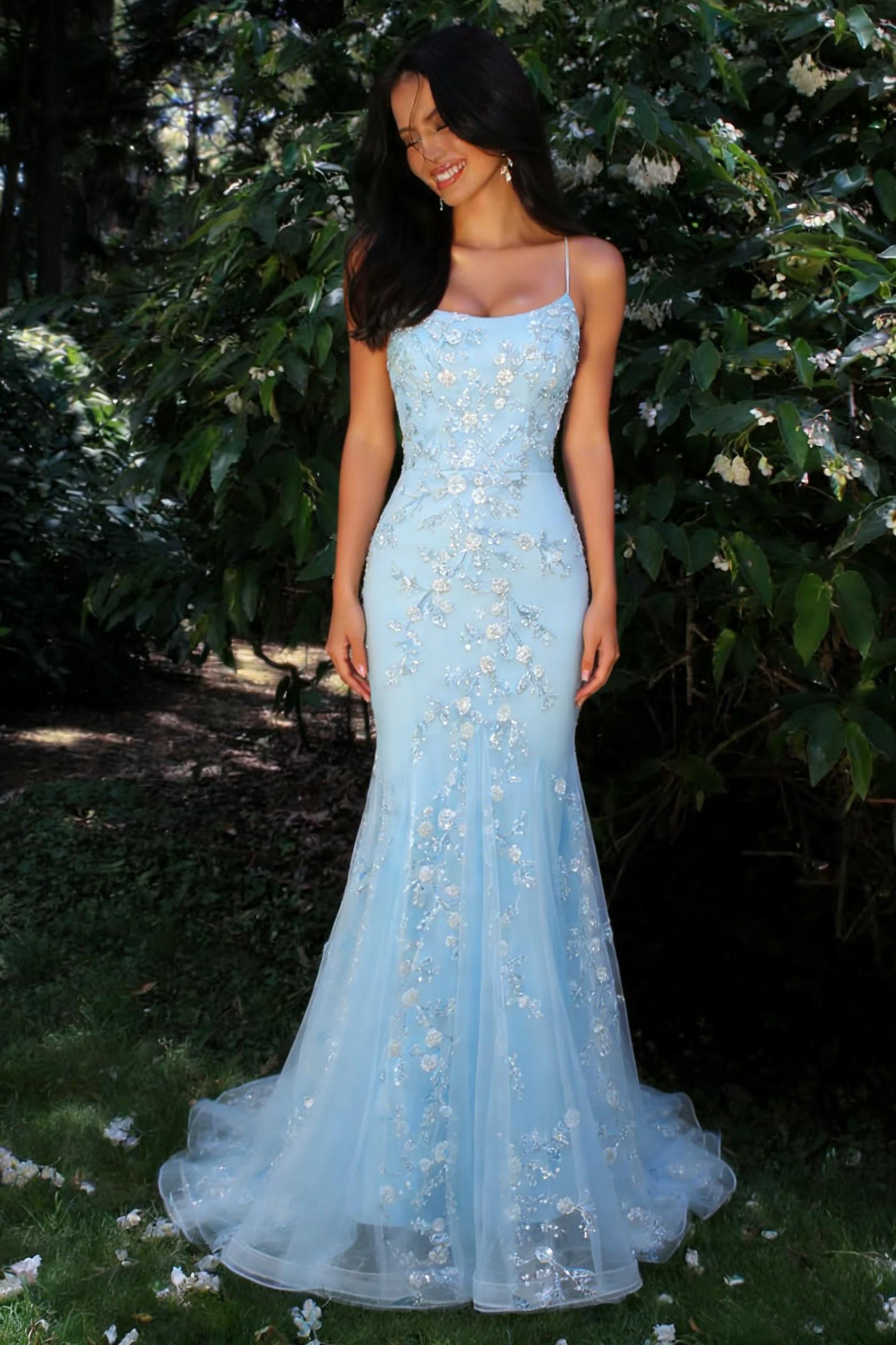 Glitter Light Blue Spaghetti Straps Floral Appliqué Mermaid Prom Dress