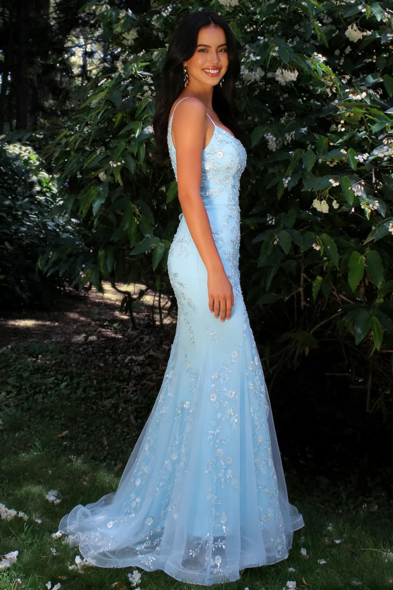 Glitter Light Blue Spaghetti Straps Floral Appliqué Mermaid Prom Dress