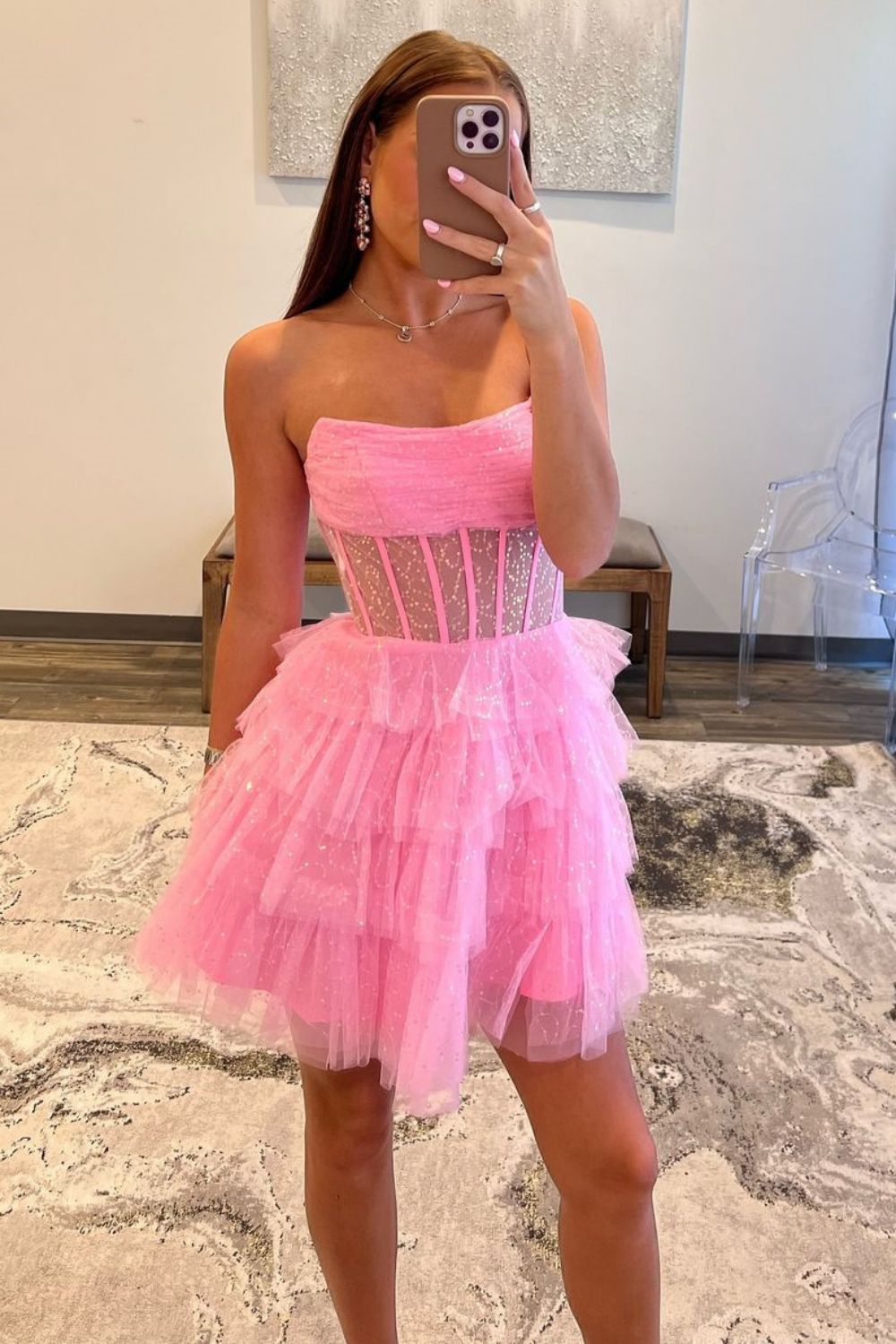Glitter Pink Strapless A-Line Homecoming Dress with Tiered Tulle Skirt