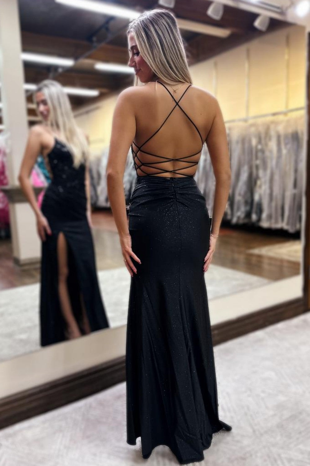 Glitter Royal Blue Spaghetti Straps Lace Up  Prom Dress with Lace Top