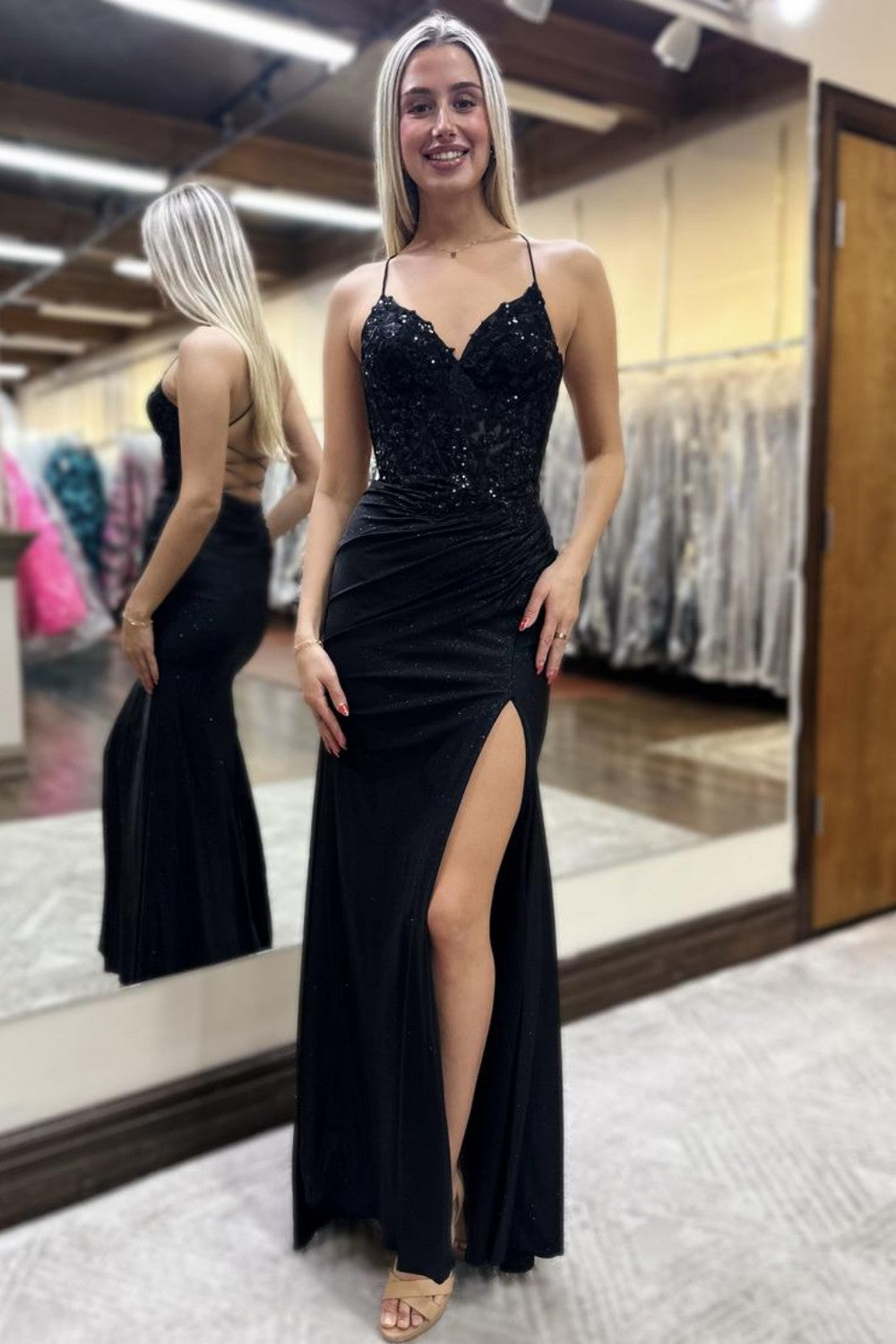 Glitter Royal Blue Spaghetti Straps Lace Up  Prom Dress with Lace Top