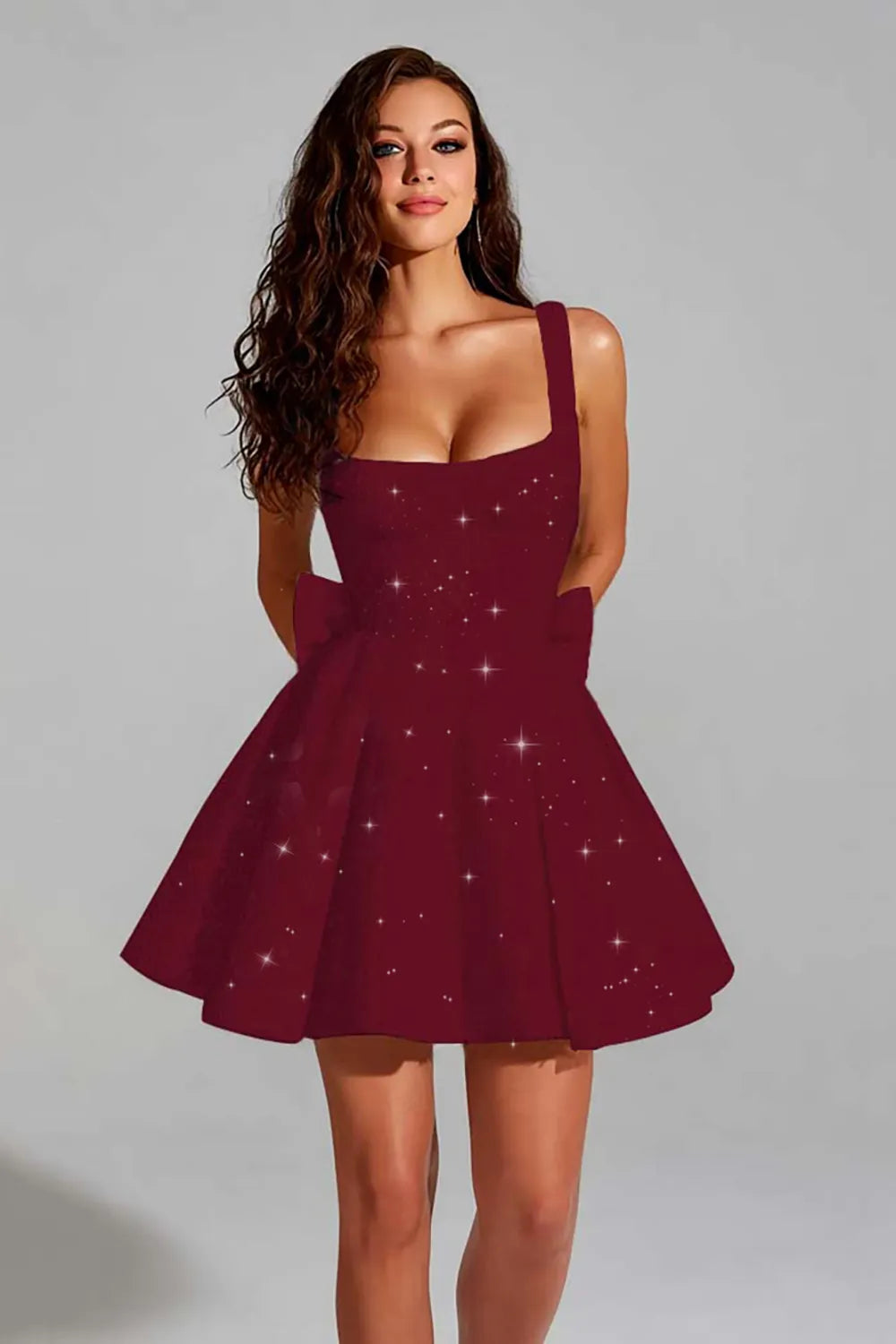 Glitter Square Neck Flared A-Line Homecoming Dress with Back Bow