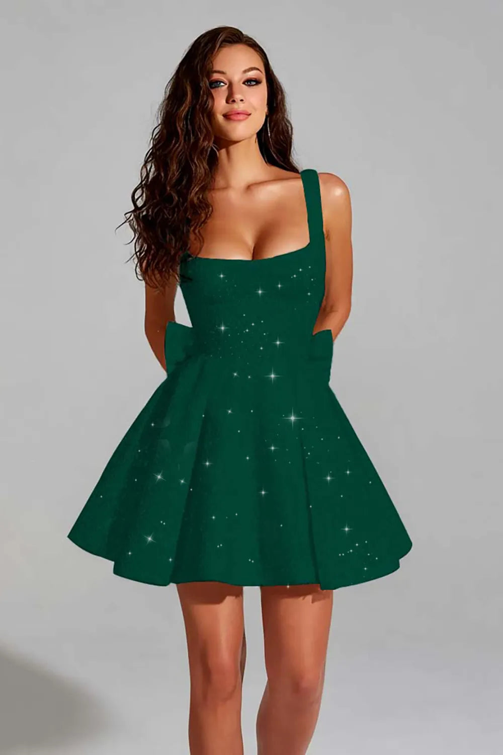 Glitter Square Neck Flared A-Line Homecoming Dress with Back Bow