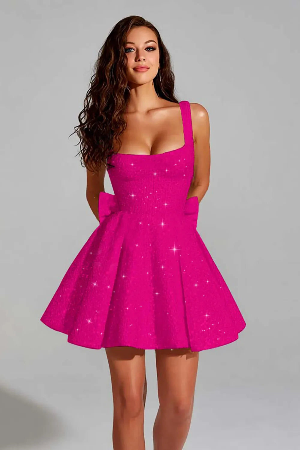 Glitter Square Neck Flared A-Line Homecoming Dress with Back Bow