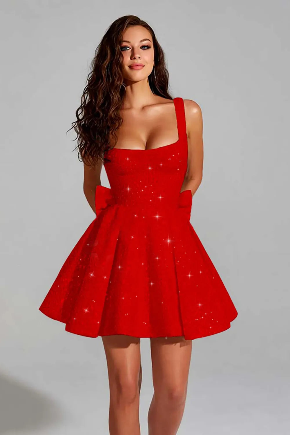 Glitter Square Neck Flared A-Line Homecoming Dress with Back Bow