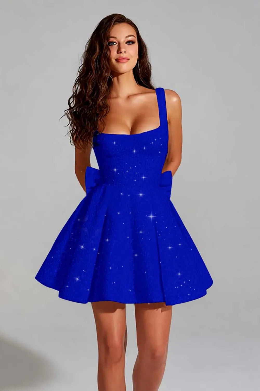 Glitter Square Neck Flared A-Line Homecoming Dress with Back Bow