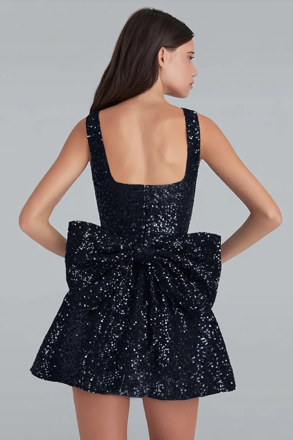 Glitter Square Neck Flared A-Line Homecoming Dress with Back Bow