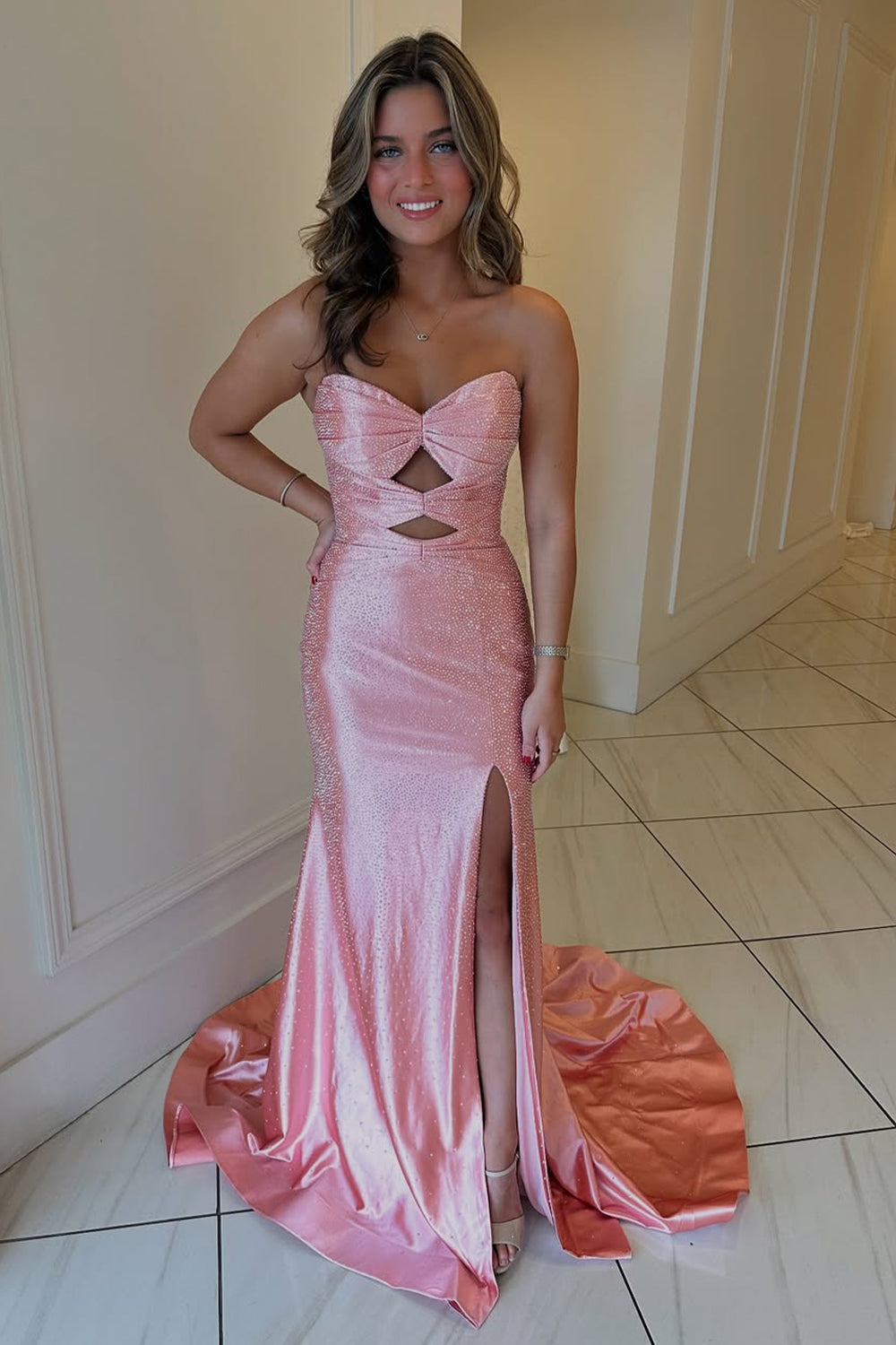 Glitter Yellow Mermaid Sweetheart Long Beaded Prom Dress with Leg Slit