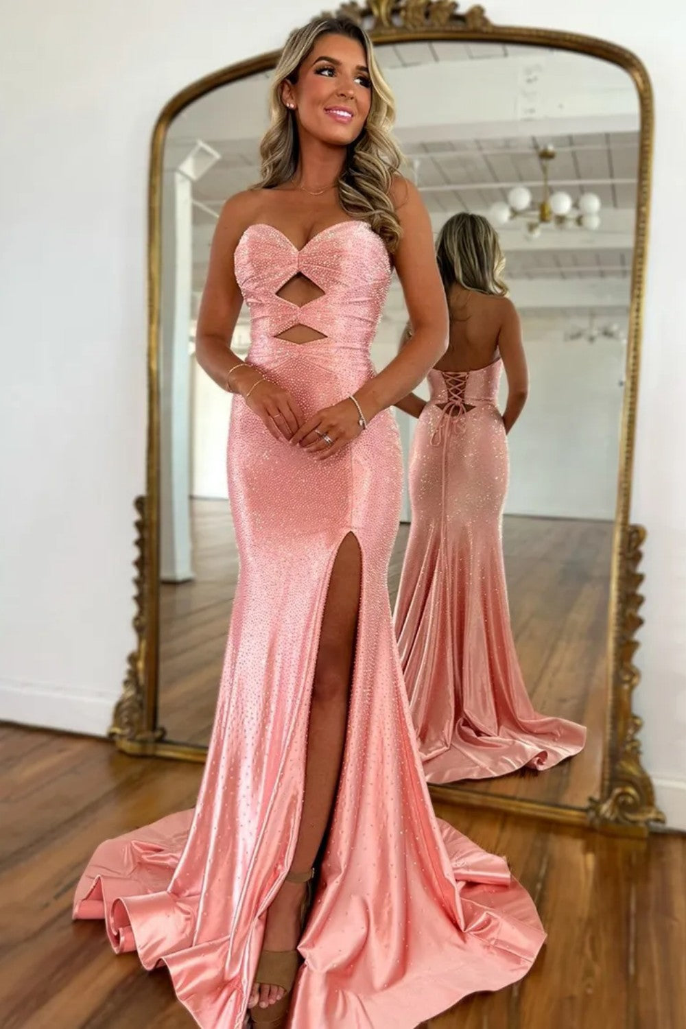 Glitter Yellow Mermaid Sweetheart Long Beaded Prom Dress with Leg Slit