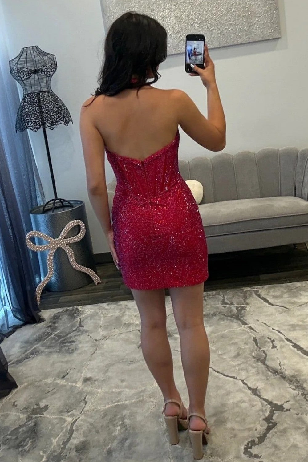 Glittering Orange Halter Neck Mini Homecoming Dress with Crystal Accents