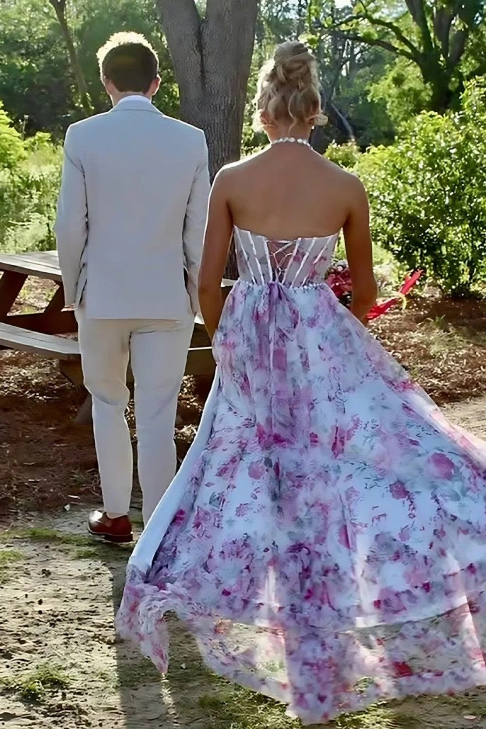 Gorgeous A Line Halter Neck Pink Floral Printed Corset Prom Dress with Ruffles